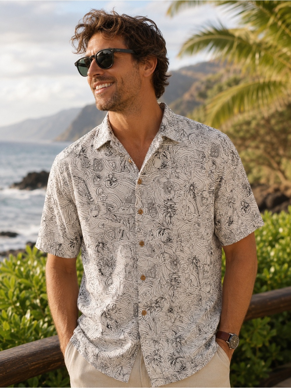 Tommy Bahama White Short-Sleeve Button-Down with Navy Abstract Print